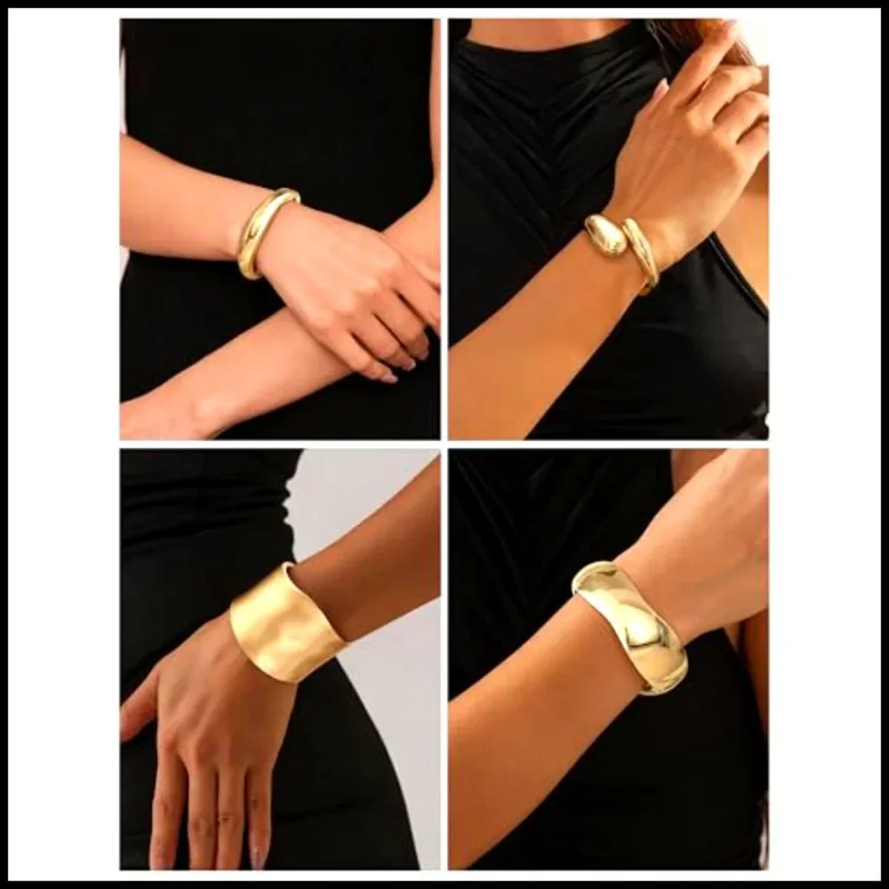 Chunky Gold Plated Hinged Bangle Bracelets Stack Minimalist Trendy Jewelry